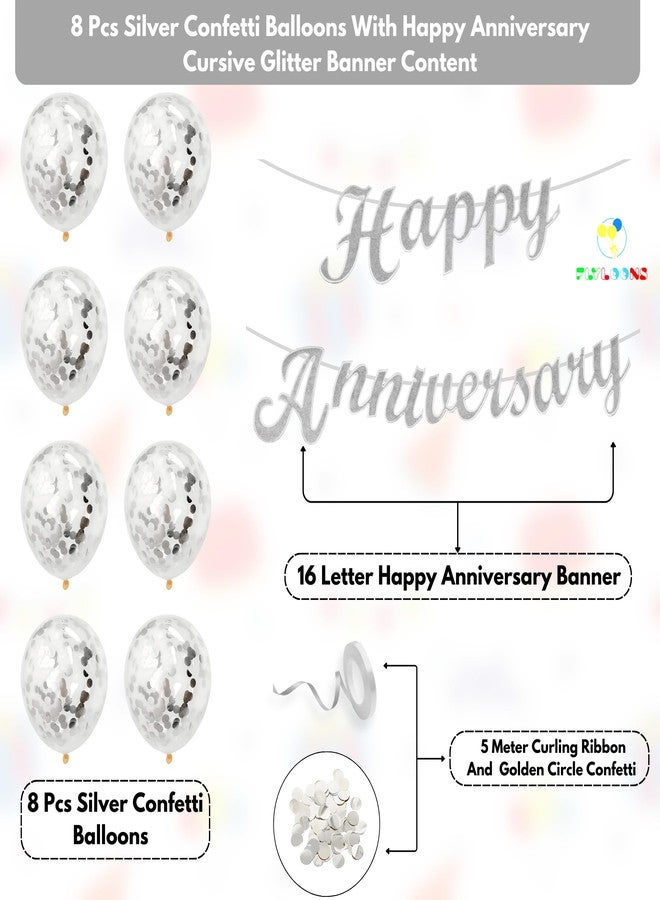 Flyloons Silver Happy Anniversary Banner with Confetti Balloons Decoration Kit for Men Women 8 Pcs Silver Colour Confetti Meatallic Balloons Reusable Happy Wedding Anniversary Banner - Image 2